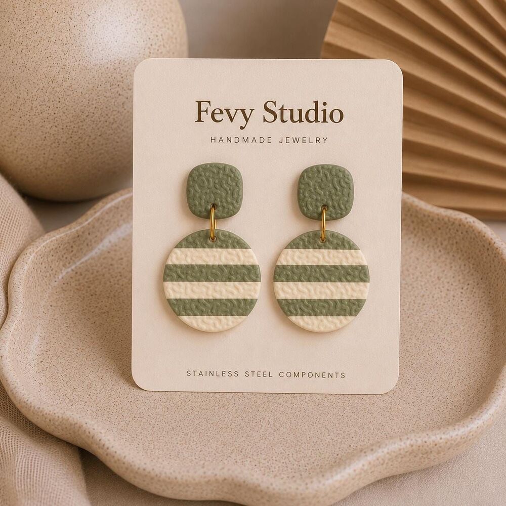 Sage Green Striped Polymer Clay Earrings | Textured Boho Dangle Earrings